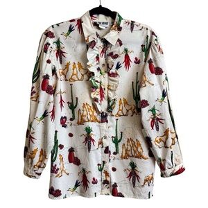 Vintage On The Verge Size Small Cowboy Western Cactus Ruffle Button Up Top